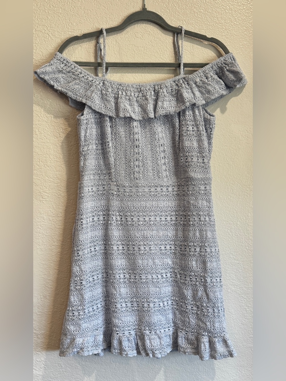 Off-Shoulder, Knit/Crochet Mini Dress in Light Blue